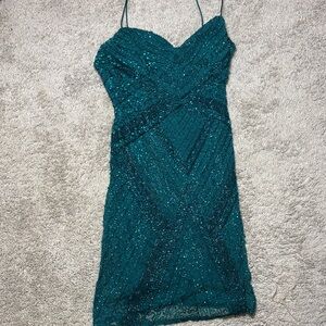 Aidan Mattox Teal Beaded Spaghetti-Strap Mini Dress